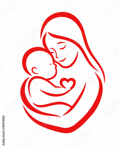 A red outline of mother and baby features a heart on the infant chest. Loving family vector emblem ideal for maternity care, adoption support, parenting blogs and pediatric branding.