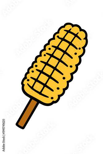 Golden corn dog on a stick with crisp texture and grill lines in flat cartoon style. Tasty fast food vector icon for street food menus, fair posters and snack branding.
