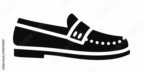 Simple black silhouette of a penny loafer shoe with decorative strap and dotted vamp. Timeless footwear icon for preppy style, formal fashion, retail catalog and uniform use.