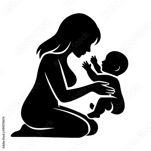 Silhouette of a mother kneeling while lifting and admiring her baby. Tender parenting vector illustration for maternal love, childcare, bonding, postpartum and family concept.
