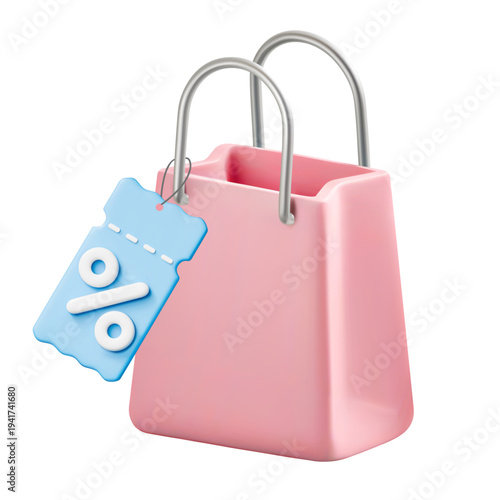 3d pink shopping bag with persentage tag copon vector icon illustration isolated on white