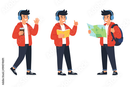 Flat vector set of a young man in headphones walking with coffee, carrying books, and reading a map with backpack. Travel, student lifestyle, urban commute and navigation concept.
