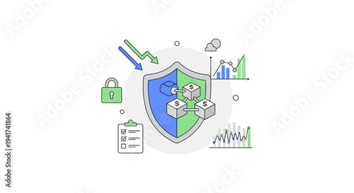 Blockchain Security Shield Protecting Financial Data and Risk Management. Vector Illustration for Fintech and Compliance.