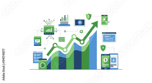 Digital Business Growth Concept. Financial Analysis, Market Data Optimization, and Fintech Strategy with Upward Chart and Connected Tech Icons.