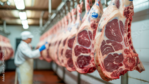 A close-up photograph of hanging beef carcasses in a meat processing facility