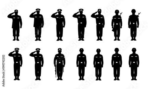 Collection of military soldier silhouettes saluting and at attention