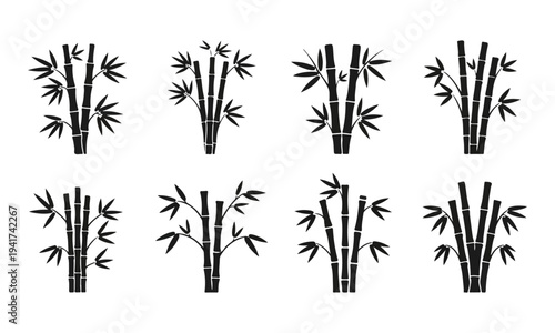Collection of eight black bamboo stalk and leaf silhouettes