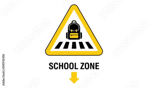 Yellow triangular school zone warning sign with backpack icon
