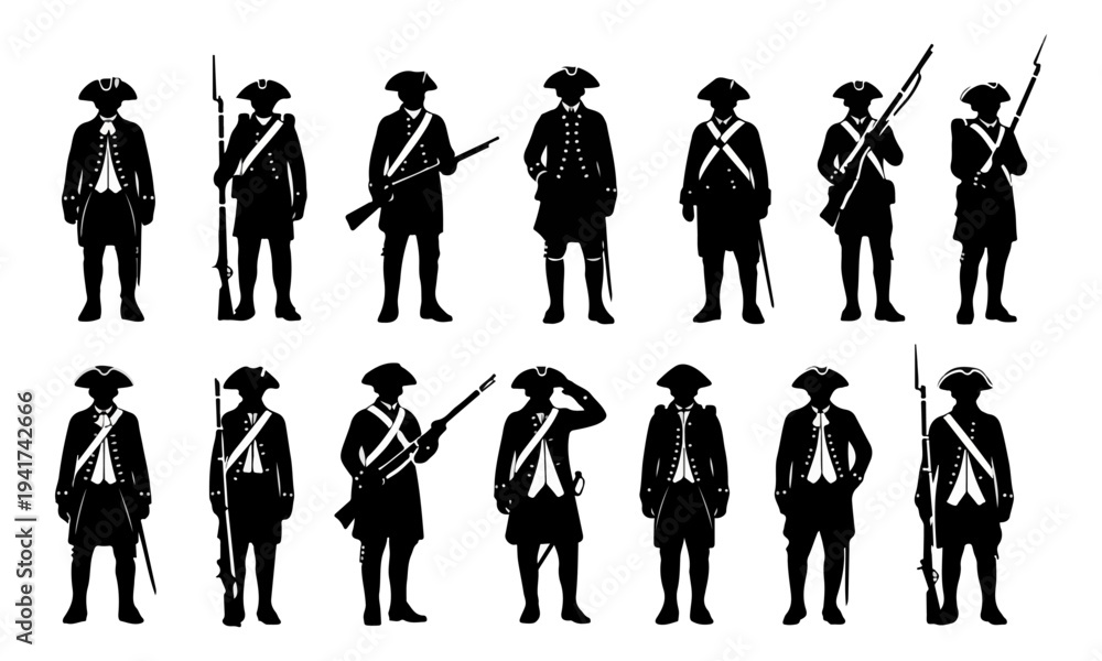 Fototapeta premium Silhouette set of American Revolutionary War soldiers on white background