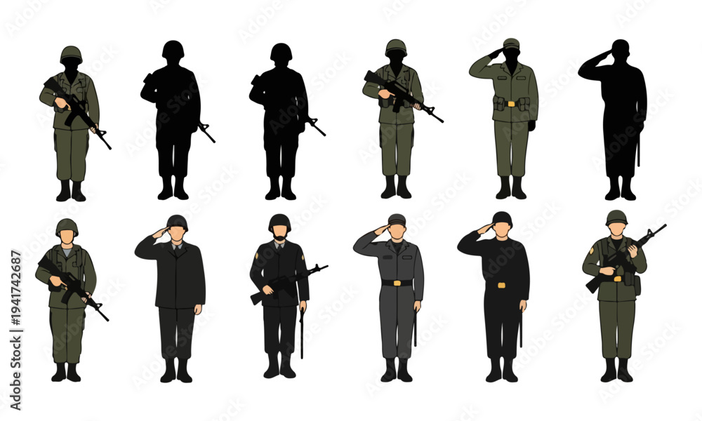 Fototapeta premium Military soldier characters and silhouettes in various standing and saluting poses