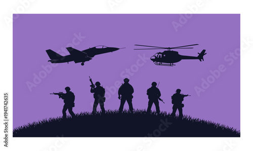 Silhouette of Soldiers with Fighter Jet and Helicopter