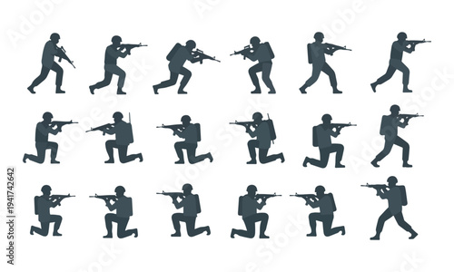 Collection of Military Soldier Silhouettes in Various Combat Poses