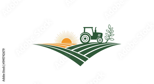 Tractor in a field with sun and plant, agriculture farming logo.