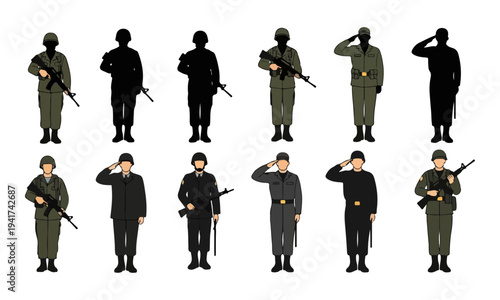 Military soldier characters and silhouettes in various standing and saluting poses