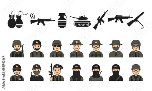 Set of Military Soldier Avatars and Weaponry Icons