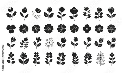 Set of Minimalist Black Flower and Leaf Silhouettes
