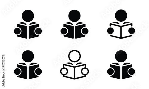 Reading book icon set. Reader, education, literacy, knowledge. Human figure holding open book isolated – stock vector.