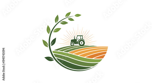 Tractor on a farm field with a green leaf arch.