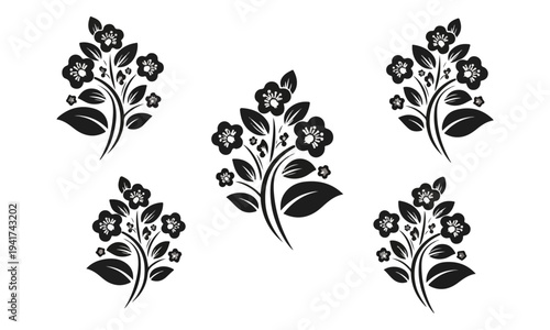 Black Floral Silhouette Ornaments Set on White Background