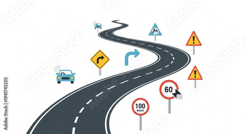 Road Safety Illustration - A Winding Road with Traffic Signs and a Car.