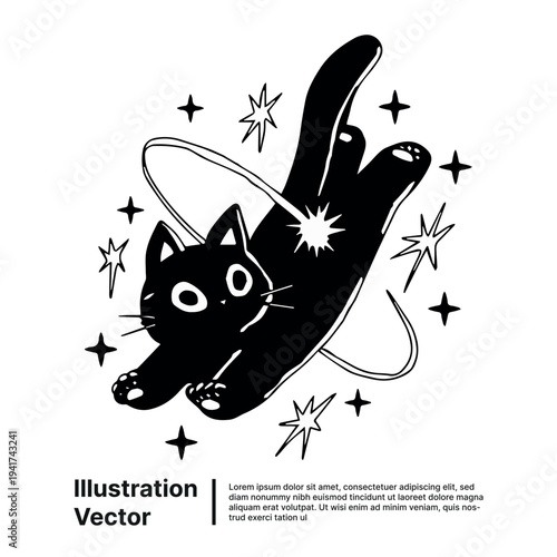 A black cat floats amidst stars, surrounded by celestial bodies in a whimsical illustration from an aerial viewpoint