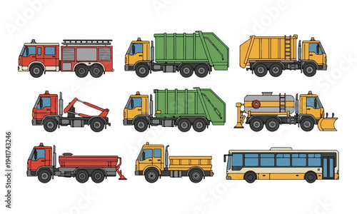 Set of flat vector utility and service vehicle icons