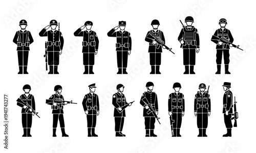 Collection of black and white military soldier icons and silhouettes