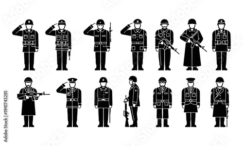 Collection of Soldier Silhouette Icons in Various Military Uniforms
