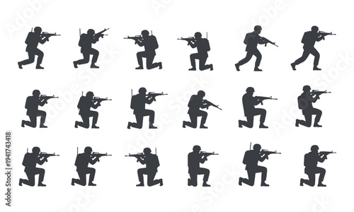 Set of Military Soldier Silhouettes in Tactical Poses