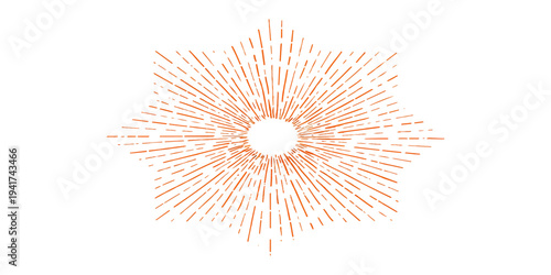 Red star shaped confetti and abstract patterns form a circular vector illustration with sun ray ornaments and light elements for a decorative spring art design