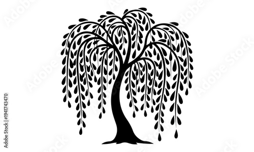 Stylized Black Weeping Willow Tree Silhouette on White