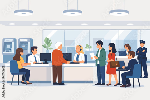Flat vector illustration of a modern bank office interior with bank tellers, customer service staff, and diverse clients. Includes ATM machines, security guard, and professional office decor.