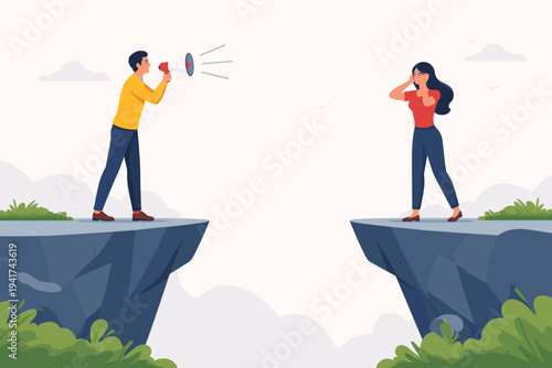 Vector Illustration of a Man Shouting Through a Megaphone Across a Deep Cliff Gap to a Woman Covering Her Ears, Symbolizing Miscommunication, Relationship Conflict, and Vast Emotional Distance