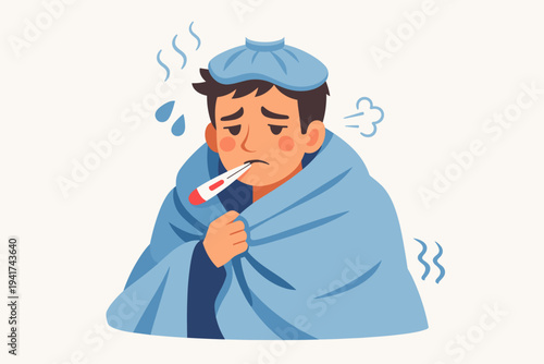 Sick man with high fever wrapped in a blue blanket with a thermometer in his mouth and an ice pack on his head. Flat vector illustration of a person suffering from flu, cold, or virus symptoms.