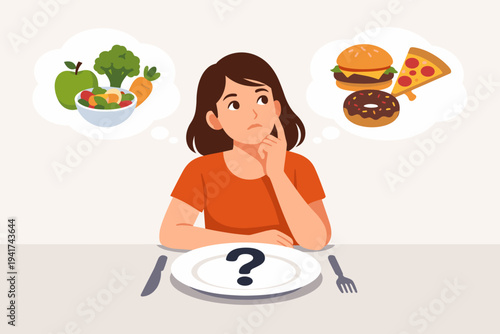 Woman sitting at a table with an empty plate, contemplating a diet choice between healthy options like fruits and vegetables and unhealthy junk food like burgers, pizza, and donuts, vector.