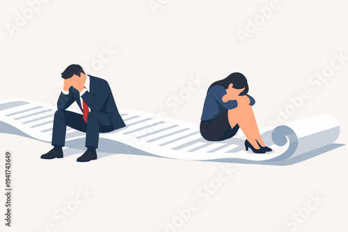 Depressed businessman and businesswoman sitting on a long paper scroll document feeling desperate. Vector illustration of financial debt, bankruptcy, legal issues, and overwhelming paperwork.