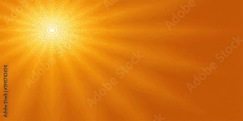 Bright sun rays burst across a golden orange sky in this sunny vector illustration featuring a glowing summer background with a yellow star pattern and textured light design