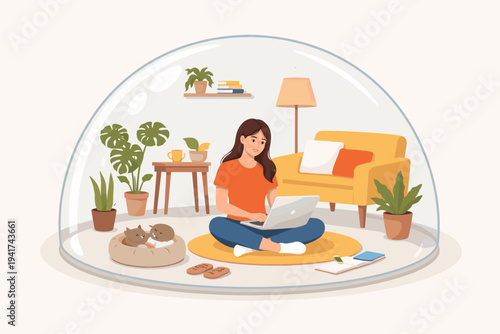 Vector Illustration of a Woman Working on a Laptop Inside a Protective Glass Dome at Home, Self-Isolated During Quarantine with Cats, Plants, and Cozy Furniture for Remote Work, Safety, and Comfort.