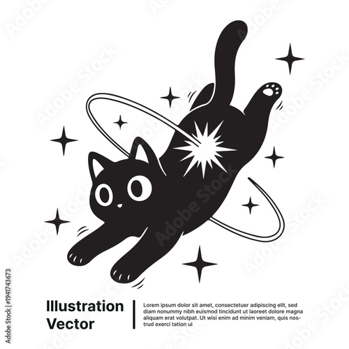 A black cat floating surrounded by stars in magical cosmic space illustration vector graphic