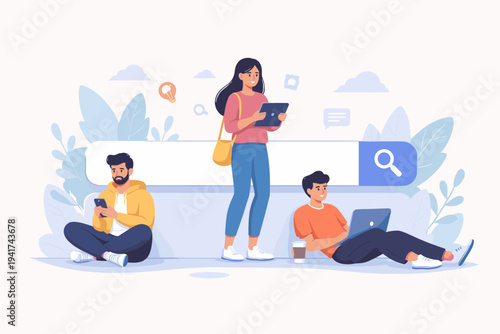 Flat vector illustration of people using digital devices like laptops, tablets, and smartphones to search for information online with a large search bar, magnifying glass, and creative icons.