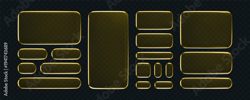 3D orange liquid glass buttons with transparent neon futuristic effect, isolated on dark background. Yellow liquid glass frame, UI UX elements for phone app or game interfaces. 3D tech digital vector