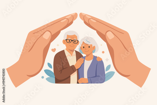 Elderly Couple Protected by Large Hands, Life Insurance and Retirement Care Concept, Senior Citizens Safety and Support, Flat Vector Illustration of Aging Parents Health and Security Services