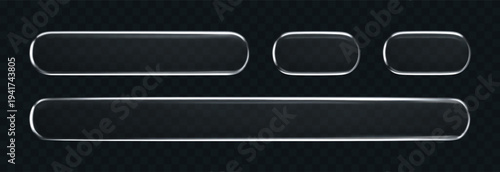 3D liquid glass button and frame set with transparent silver glow, isolated on dark background. Futuristic UI, UX elements for digital apps, web design or game interfaces. 3D tech glass vector