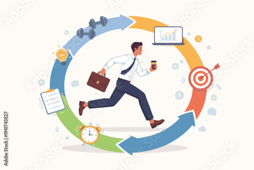 Businessman running in a circular arrow cycle representing daily routine, productivity, and work-life balance with icons for fitness, work, goals, time management, tasks, and creative ideas.
