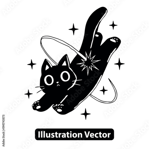 Black cat floating in space surrounded by stars and sparkles illustration vector graphic