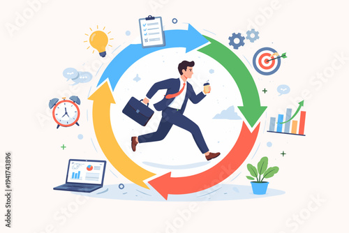 Professional businessman running in a circular arrow cycle for daily routine, working habits, and agile development. Concepts of time management, productivity, efficiency, and business workflow.