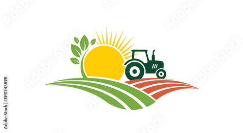 Tractor on farm field with sun and green leaves agriculture logo.