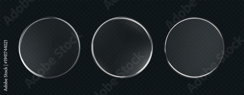 3D liquid glass disc icon isolated on a dark background. Render of transparent button with clear gradient and liquid texture, or mirror. 3D vector UI element for tech, game or interface mockup