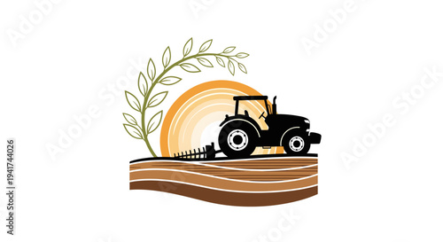 Tractor Plowing Field at Sunrise with Growing Plant.