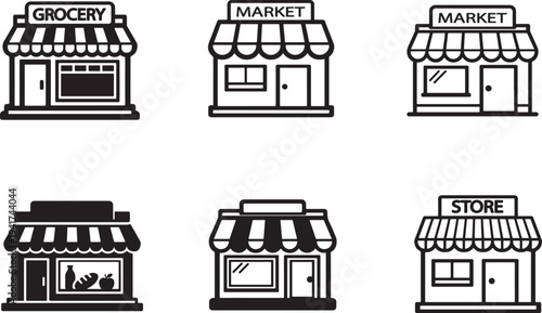  Small market vector set featuring mini grocery store, retail shop and neighborhood market